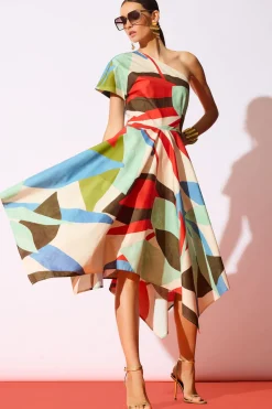 Abstract Palm Cotton Poplin One Shoulder Dress
