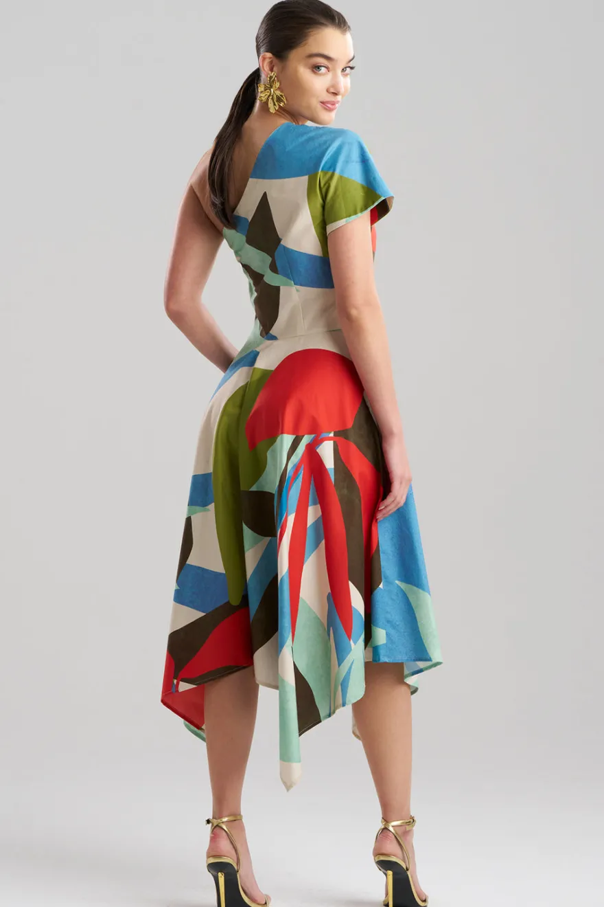 Abstract Palm Cotton Poplin One Shoulder Dress