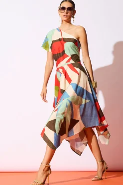 Abstract Palm Cotton Poplin One Shoulder Dress