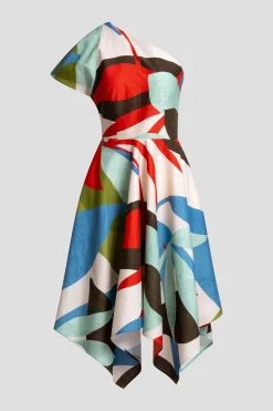 Abstract Palm Cotton Poplin One Shoulder Dress
