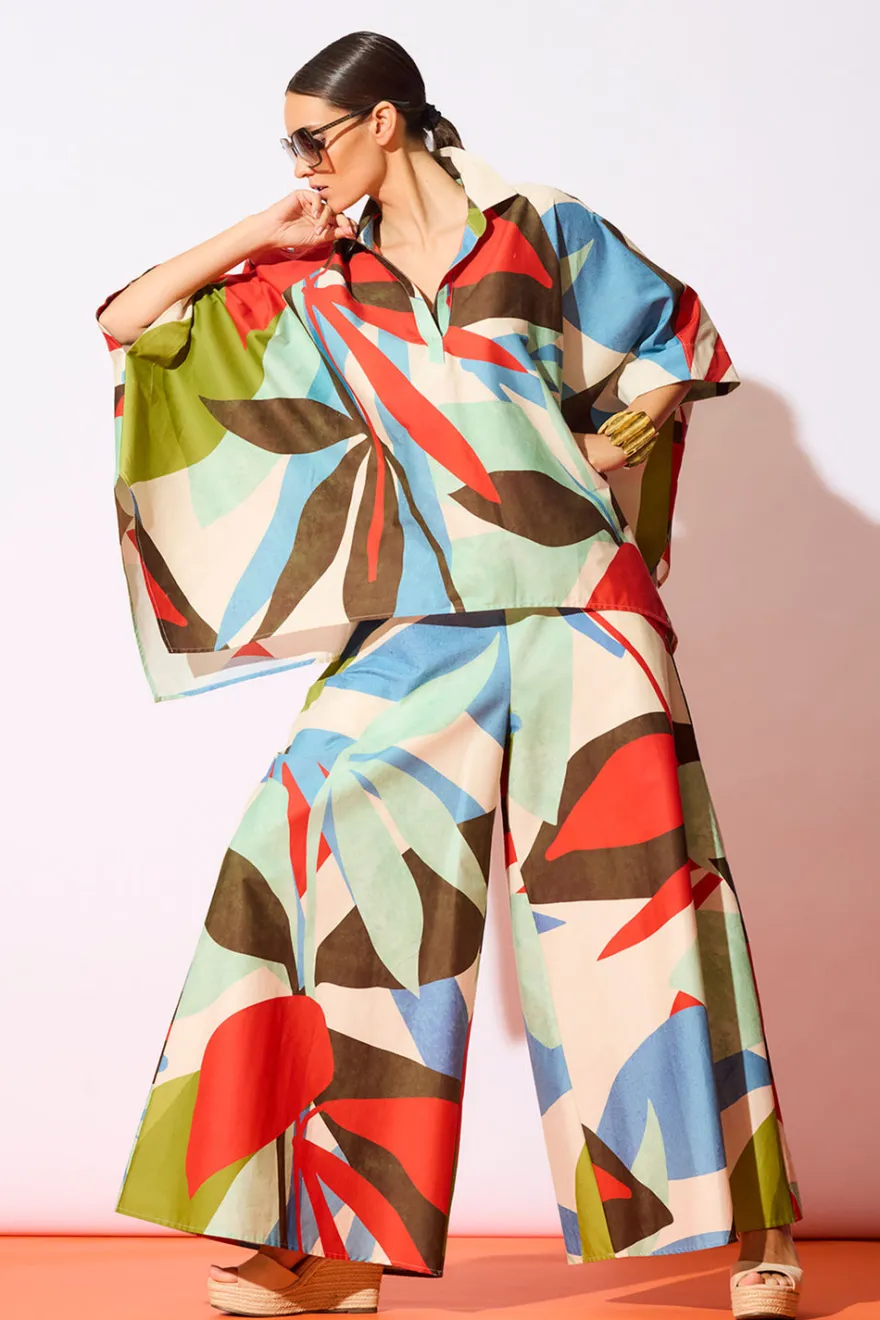 Abstract Palm Cotton Poplin Pull On Palazzo Pants