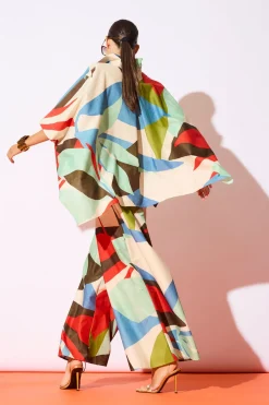 Abstract Palm Cotton Poplin Pull On Palazzo Pants