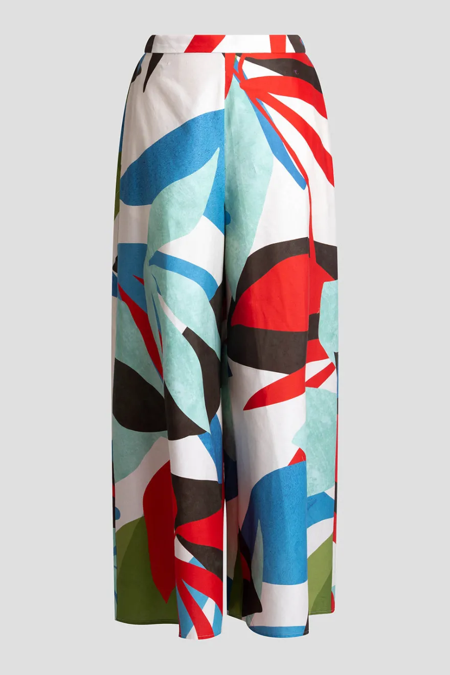Abstract Palm Cotton Poplin Pull On Palazzo Pants