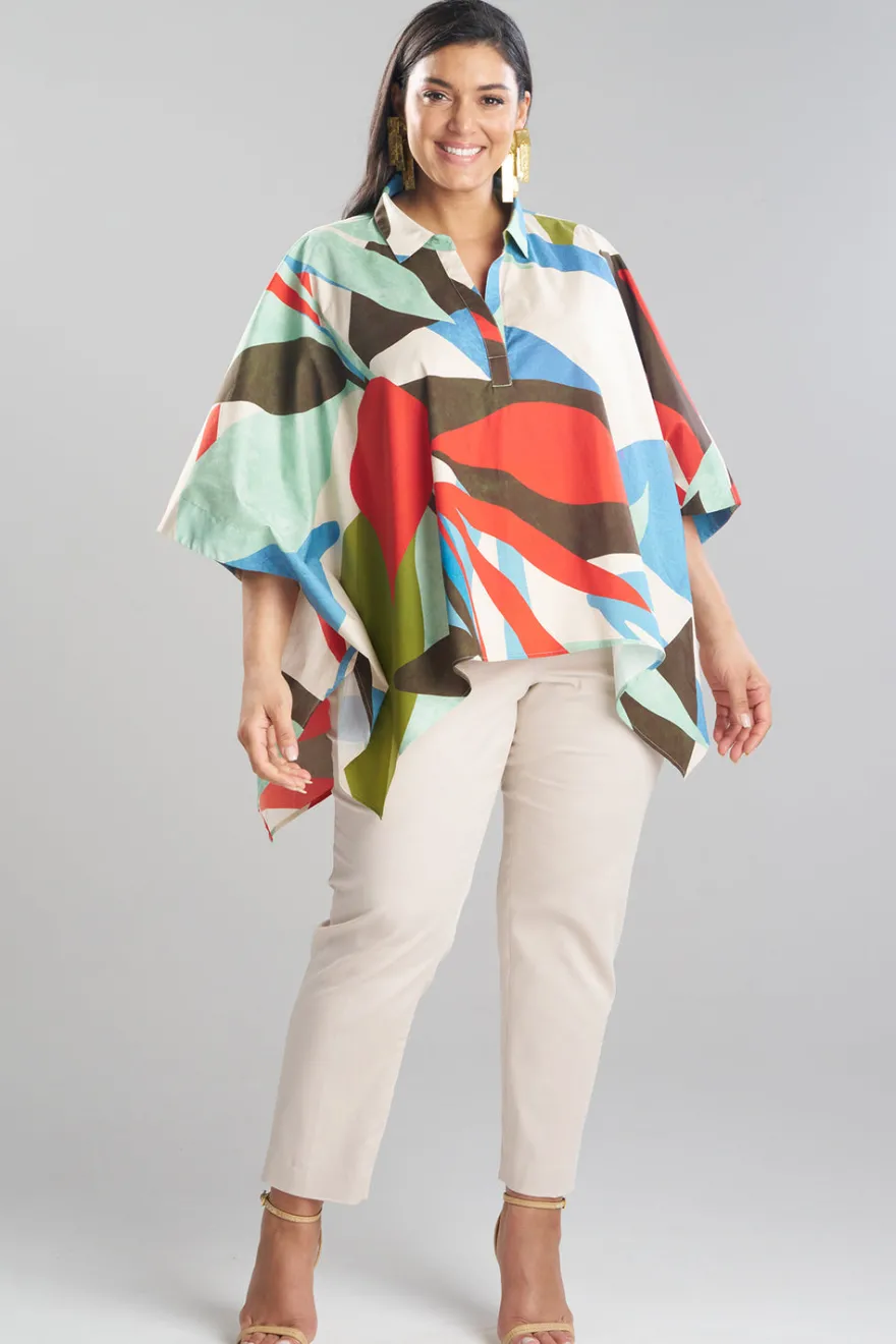 Abstract Palm Cotton Poplin Oversized Caftan Top