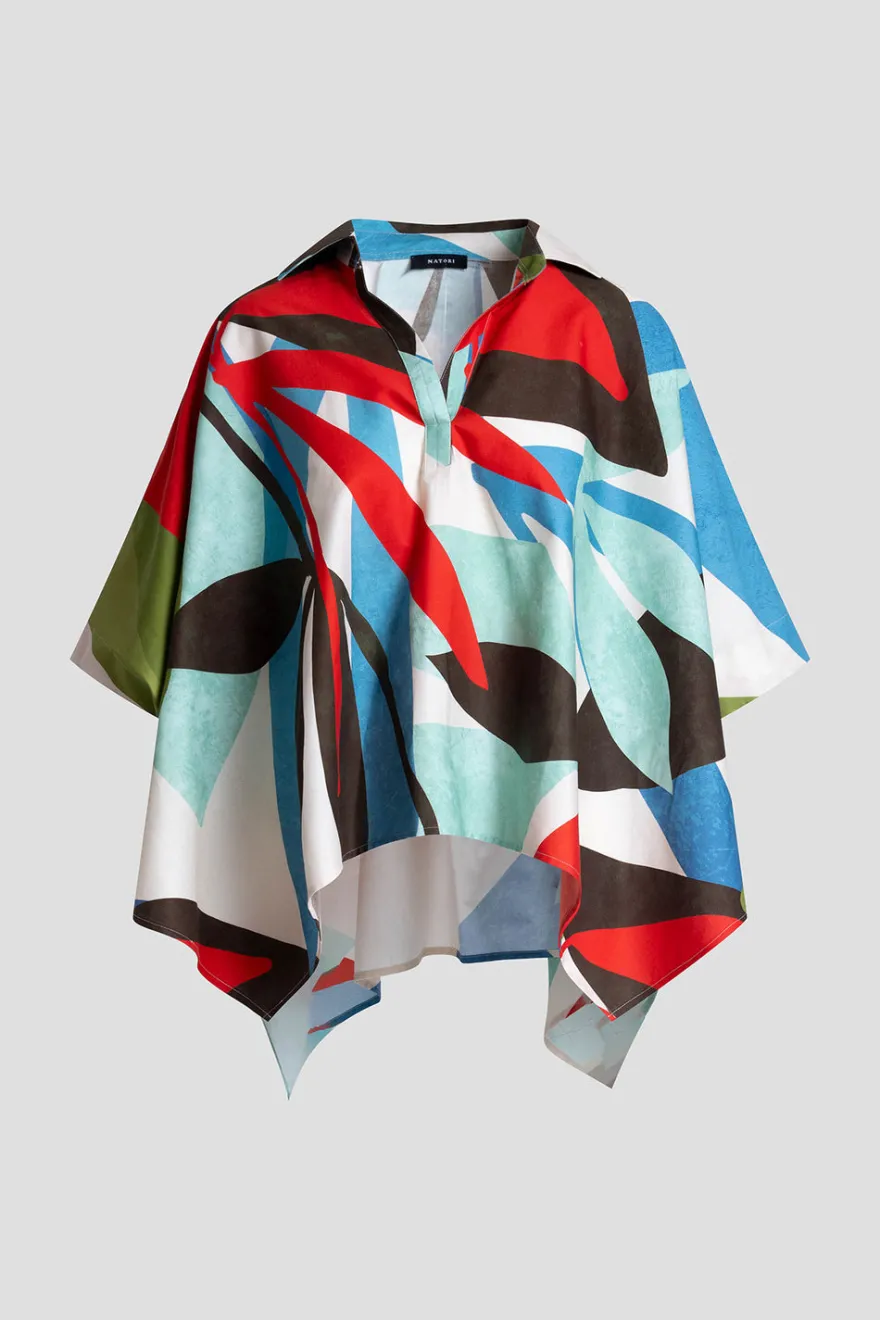 Abstract Palm Cotton Poplin Oversized Caftan Top
