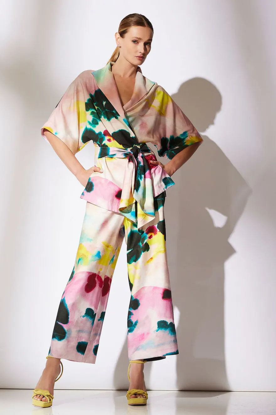 Akiko Printed Cotton Silk Twill Cropped Pull On Pants