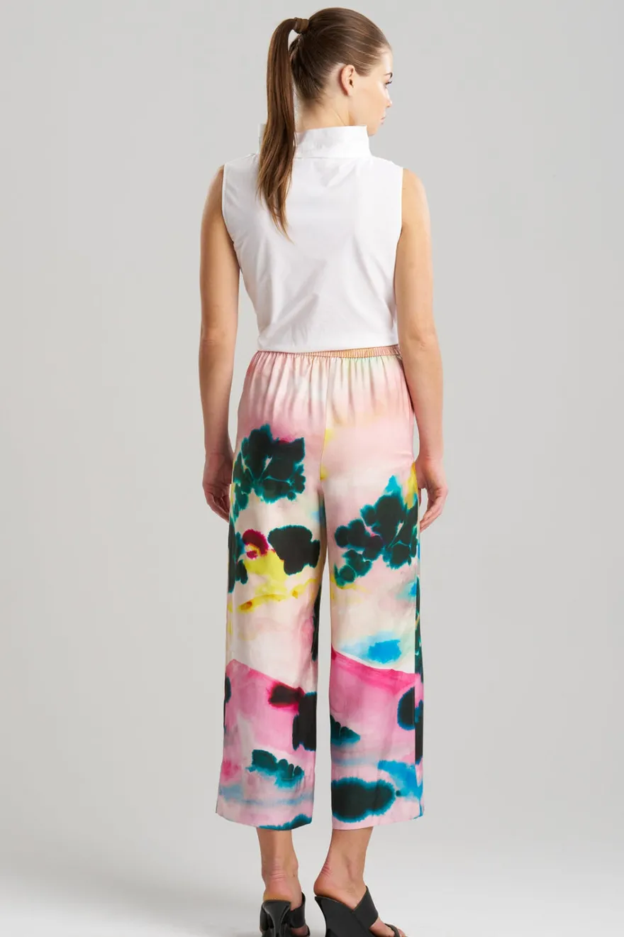 Akiko Printed Cotton Silk Twill Cropped Pull On Pants
