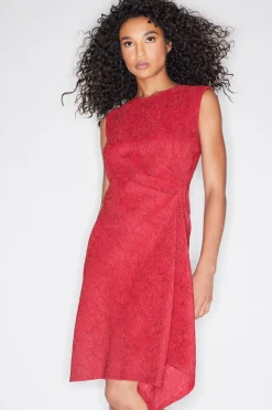 Botanic Textured Jacquard Sleeveless Side Drape Dress