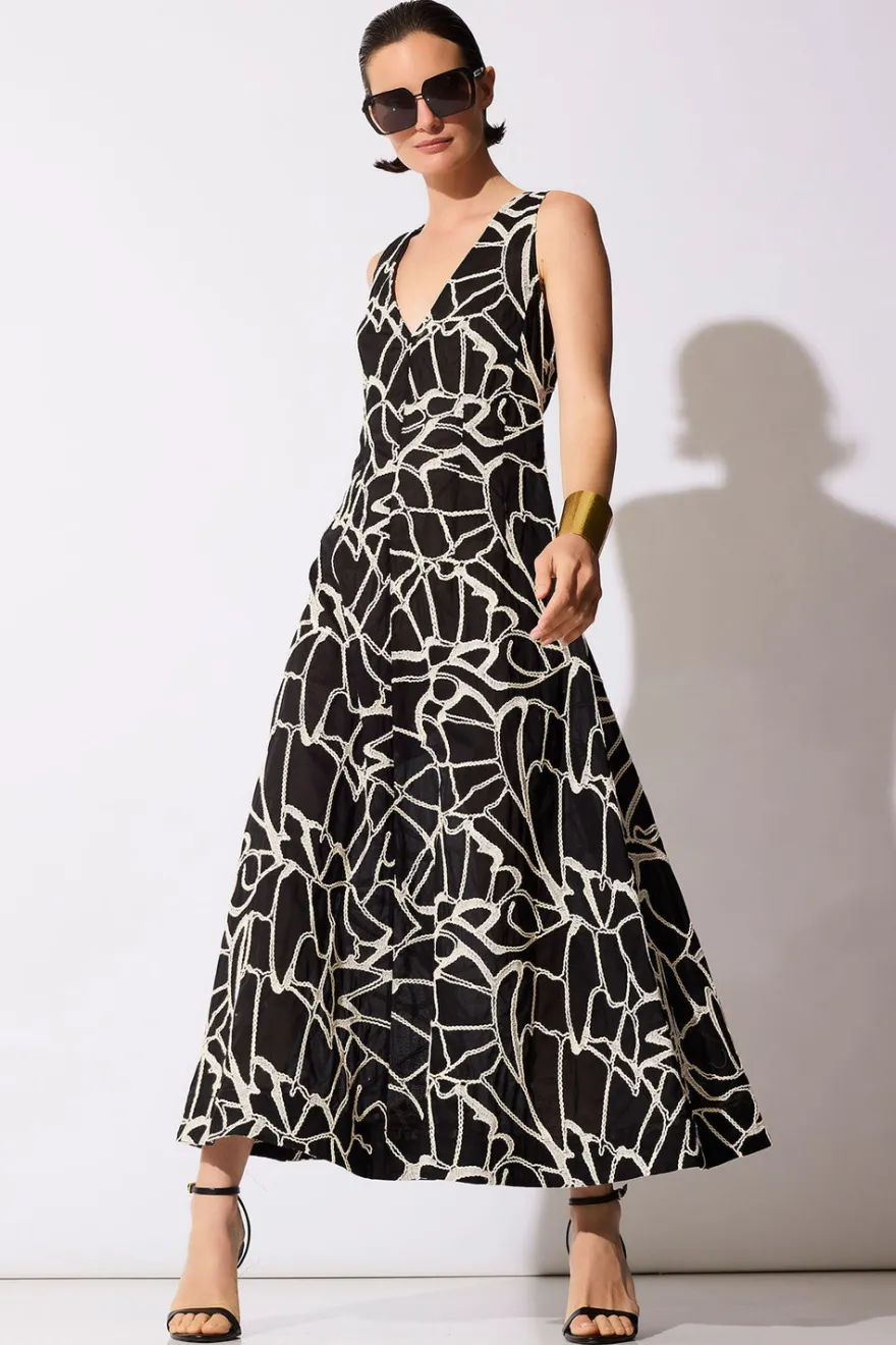 Butterfly Embroidery Deep V-Neck Cotton Sundress