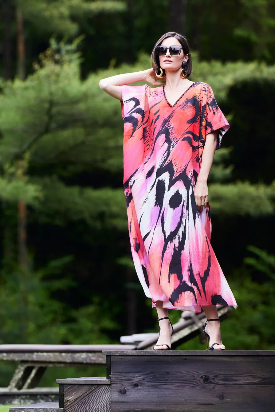 Butterfly Linen Blend Beaded Caftan