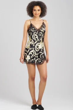 Camille Floral Scroll Lace Trim Silk Chemise