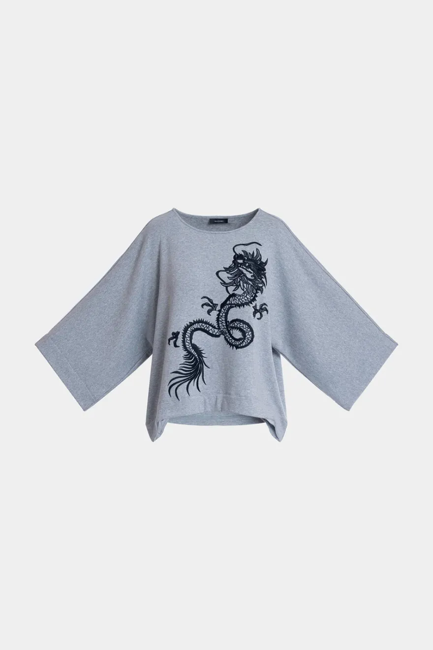 Cocoon Brushed French Terry Dragon Embroidered Kimono Top