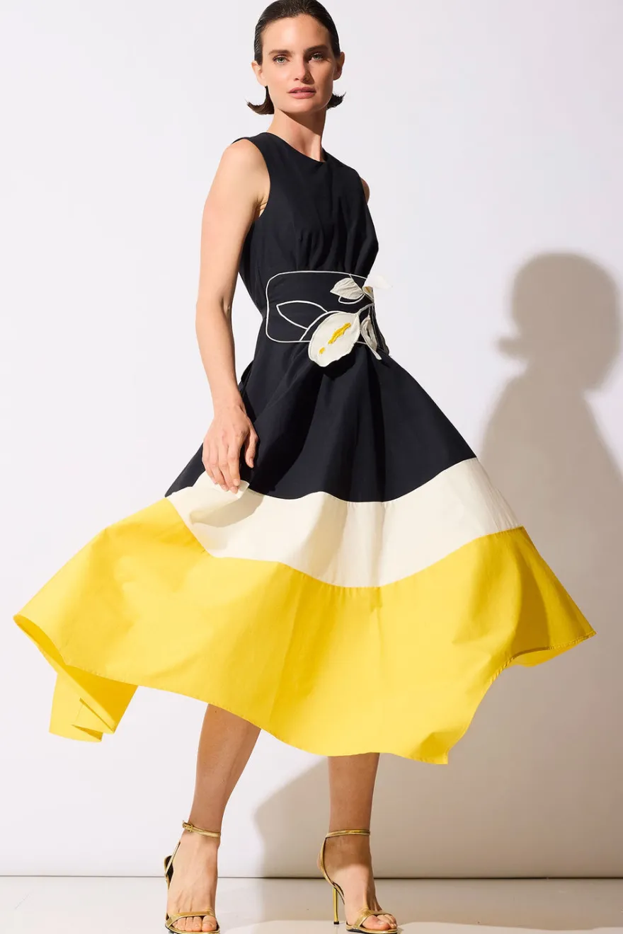 Color Block Tech Cotton Taffeta Origami Maxi Dress