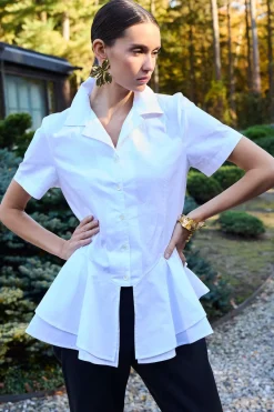 Cotton Poplin Tiered Hem Short Sleeve Shirt
