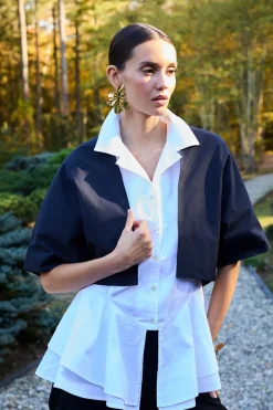 Cotton Poplin Tiered Hem Short Sleeve Shirt