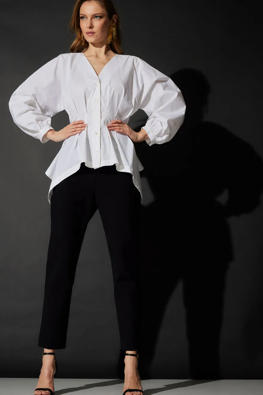 Cotton Poplin V-Neck Pleated Shirt
