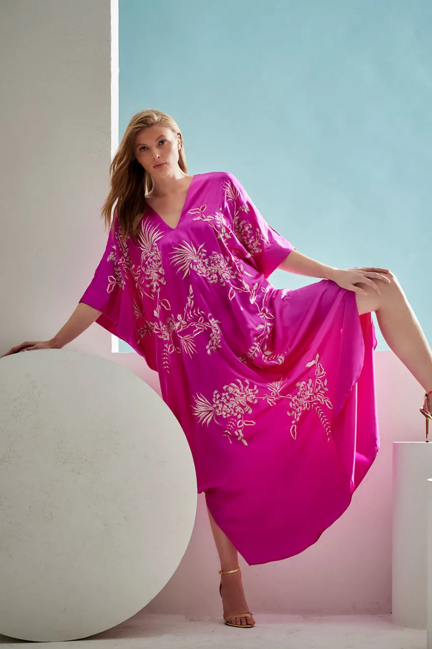 Couture Chrysanthemum Embroidered Cocoon Silk Caftan