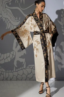 Couture Dragon Embroidered Drop Sleeve Silk Robe