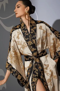 Couture Dragon Embroidered Drop Sleeve Silk Robe