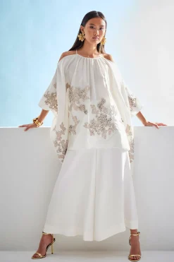 Couture Habotai Embellished Cold Shoulder Silk Top