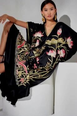 Couture Lotus Embroidered Cocoon Silk Caftan