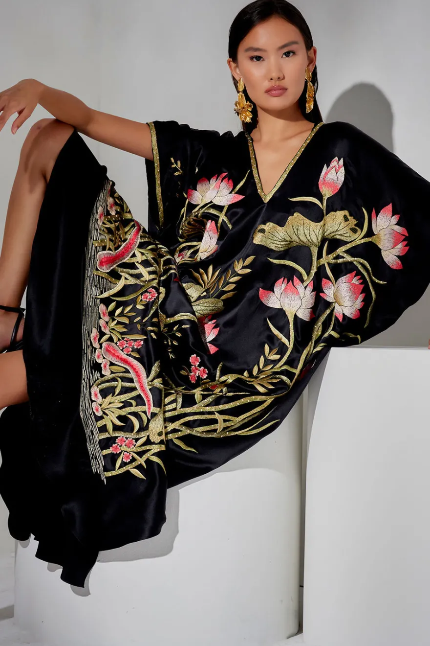 Couture Lotus Embroidered Cocoon Silk Caftan