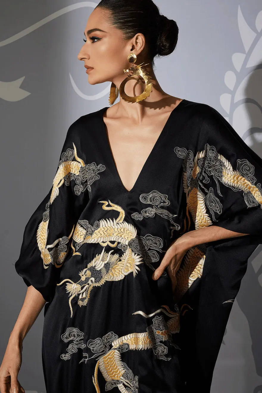 Couture Lucky Dragon Embroidered Cocoon Silk Caftan