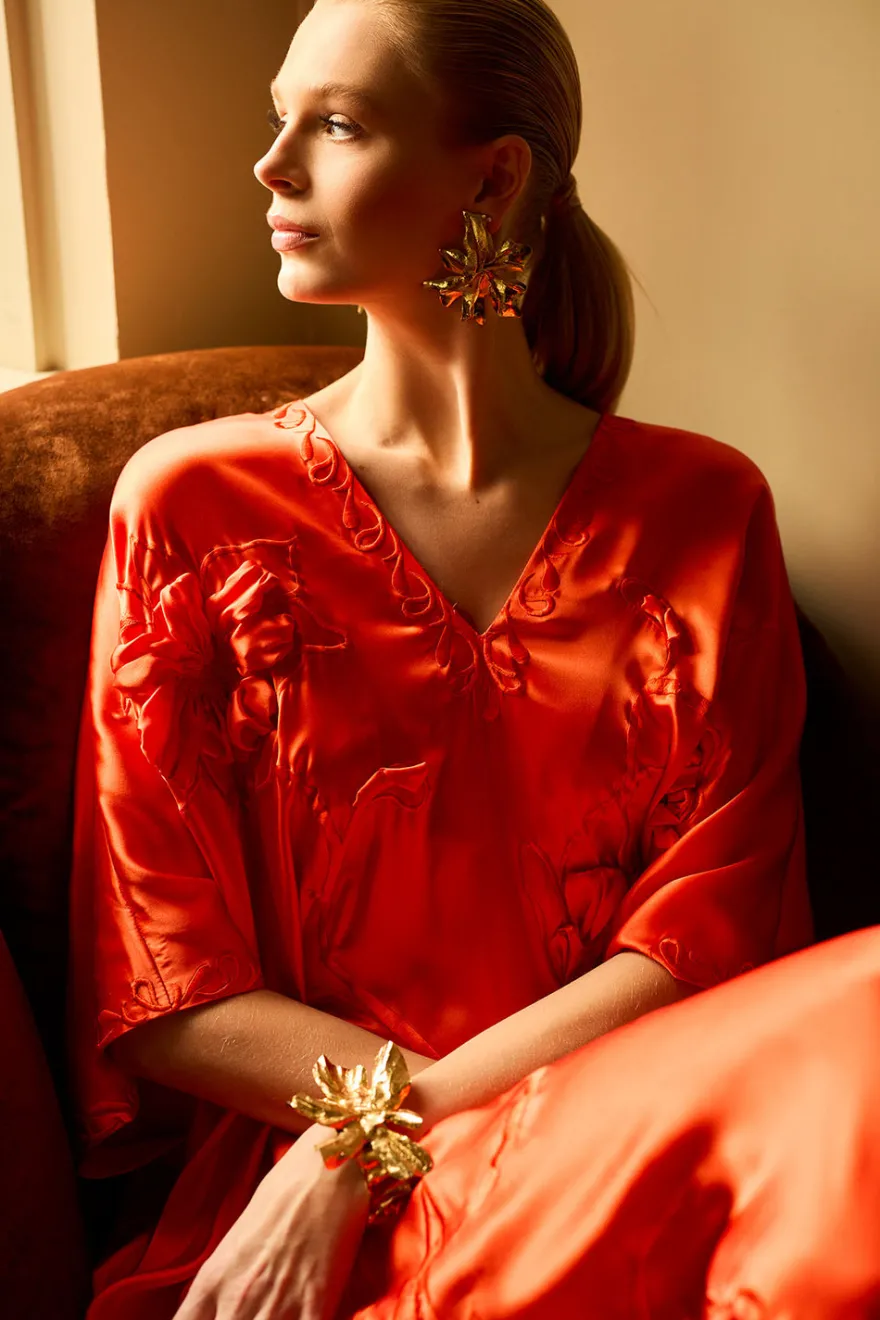 Couture Mokuren Embroidered Silk Caftan