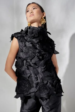 Couture Silk Dupioni Embellished Funnel Neck Top