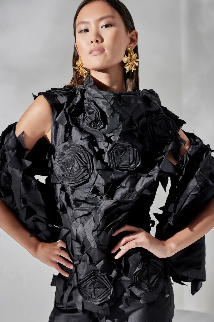 Couture Silk Dupioni Embellished Funnel Neck Top