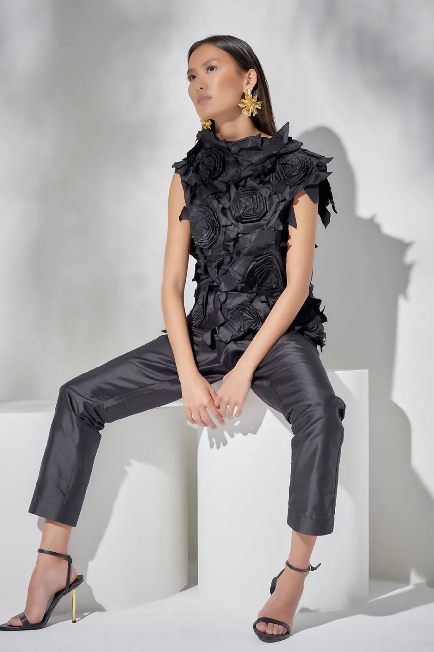 Couture Silk Dupioni Embellished Funnel Neck Top