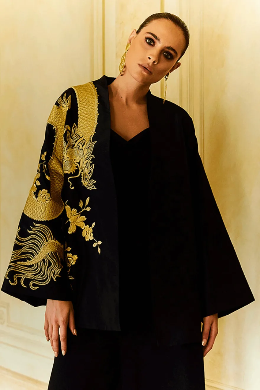 Couture Silk Taffeta Embroidered Dragon Coat