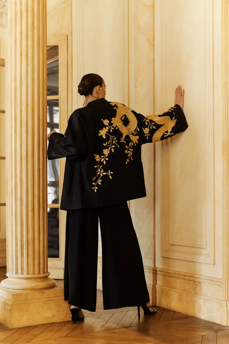 Couture Silk Taffeta Embroidered Dragon Coat
