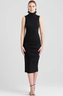 Crepe Knit Mock Neck Ruched Dress