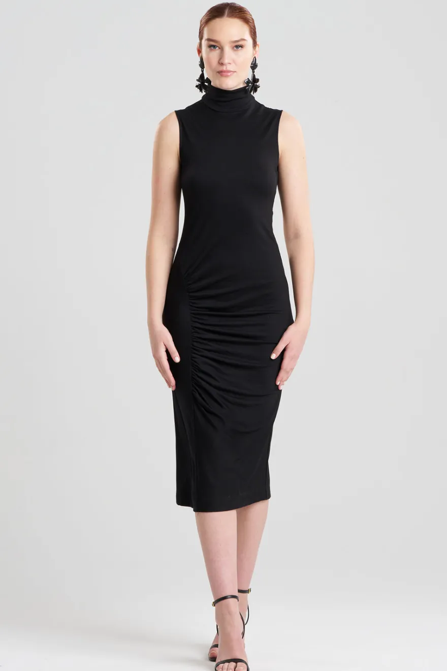 Crepe Knit Mock Neck Ruched Dress
