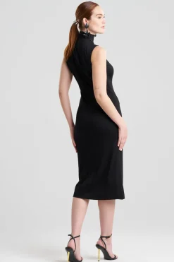 Crepe Knit Mock Neck Ruched Dress