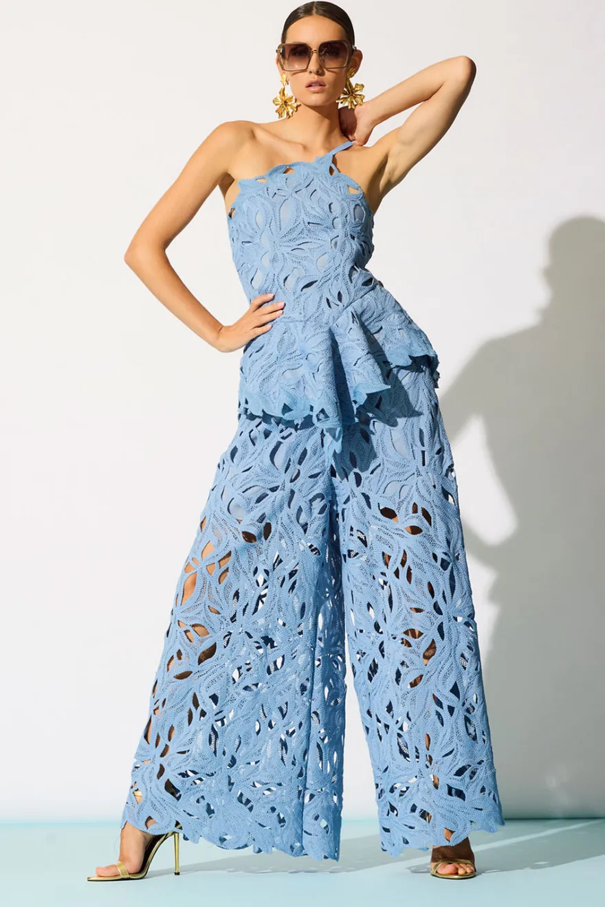 Cutout Leaf Lace Asymmetric Halter Top