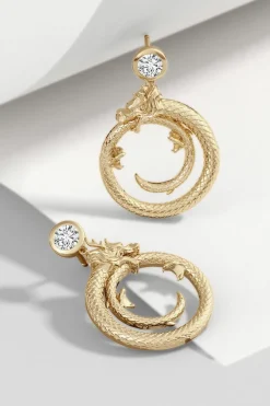 Dragon 14k Yellow Gold Ear Danglers With Diamond