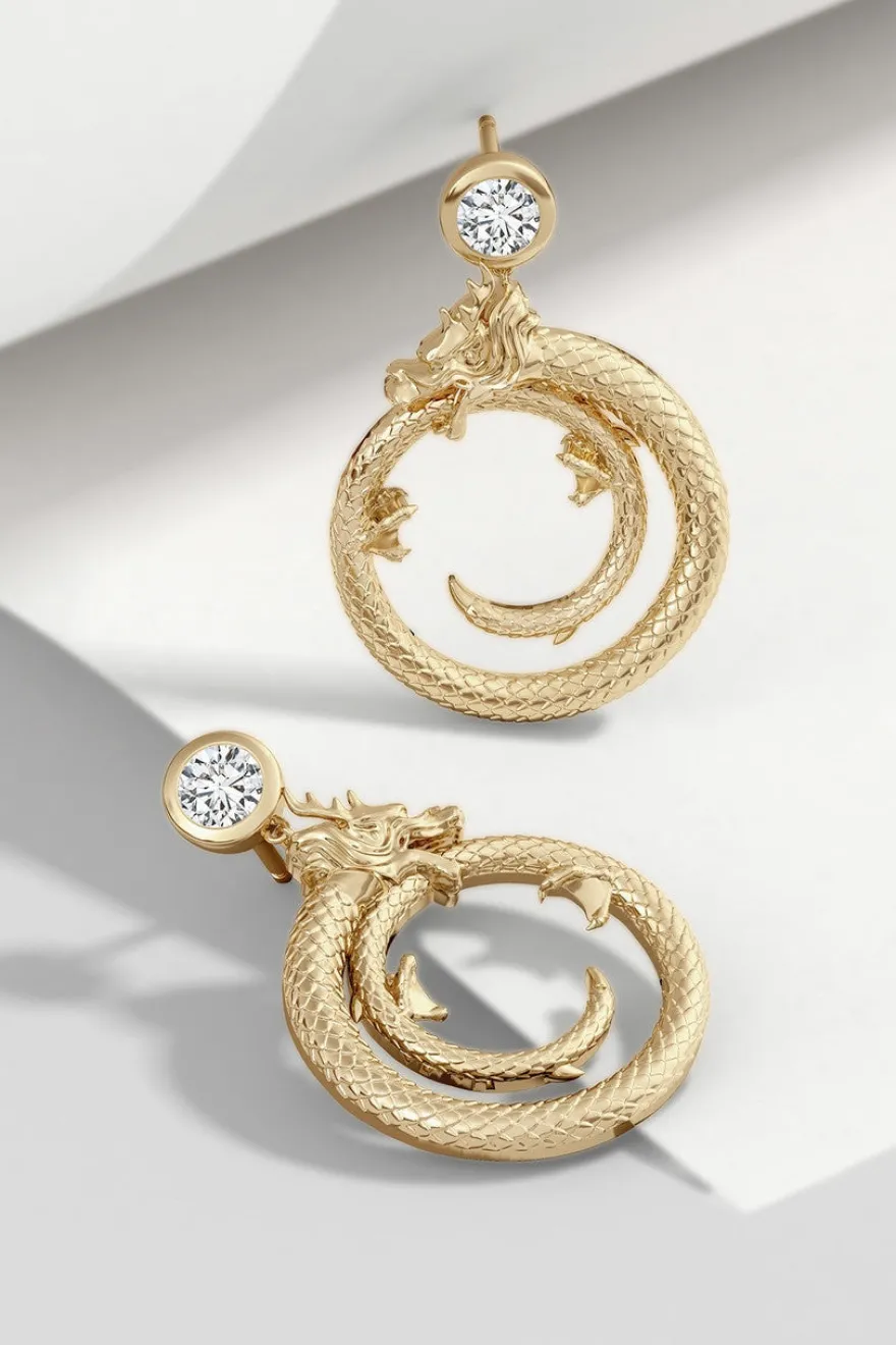 Dragon 14k Yellow Gold Ear Danglers With Diamond
