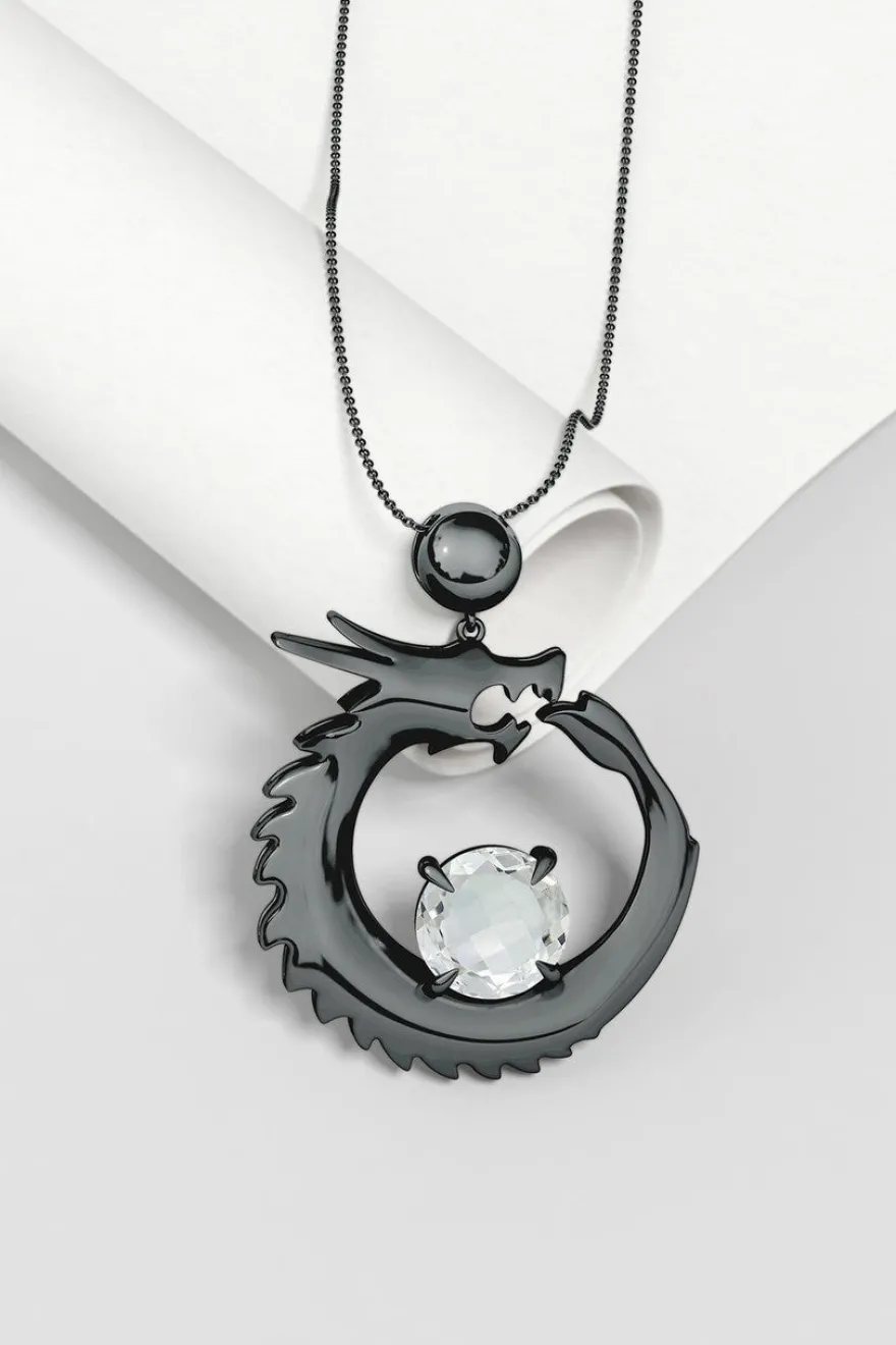 Dragon Midnight Silver & White Topaz Slider Pendant Necklace