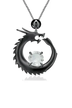 Dragon Midnight Silver & White Topaz Slider Pendant Necklace