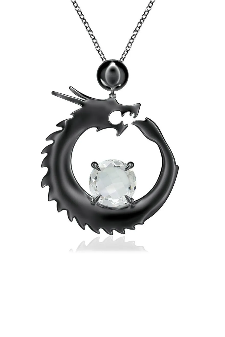 Dragon Midnight Silver & White Topaz Slider Pendant Necklace