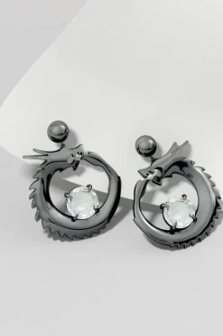 Dragon Midnight Silver and White Topaz Dangler Earrings