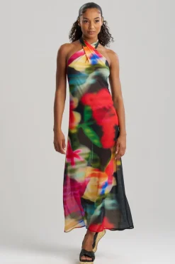 Floral Mirage Printed Mesh Halter Dress
