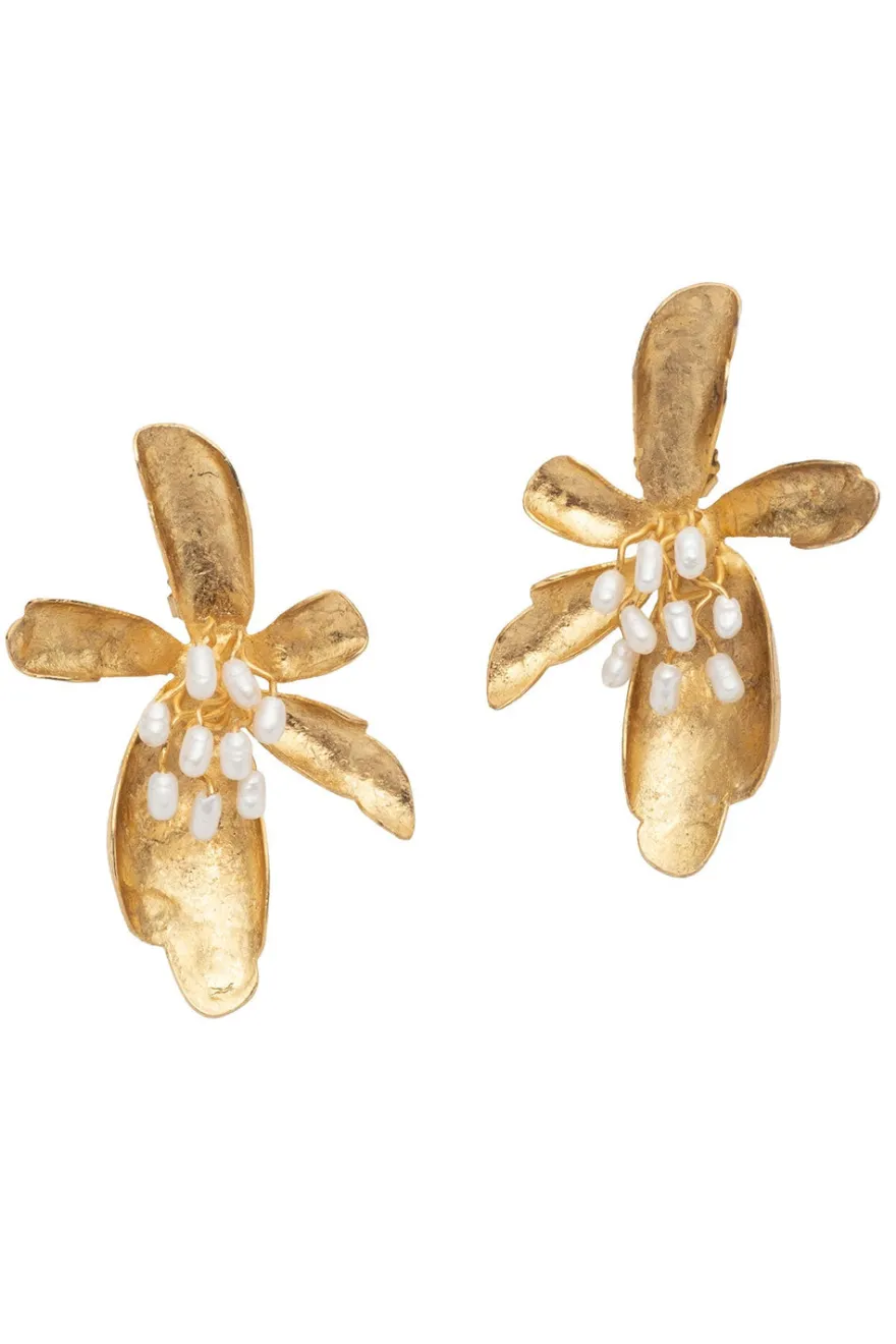 Fresh Water Pearl & Gold Plated Peony Cluster Pierced Earrings