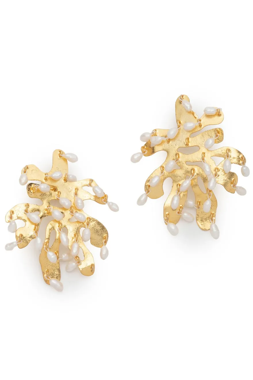 Fresh Water Pearl & Gold Plated Cluster Pierced Earrings