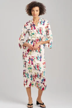 Geisha-Printed Satin Zip Caftan