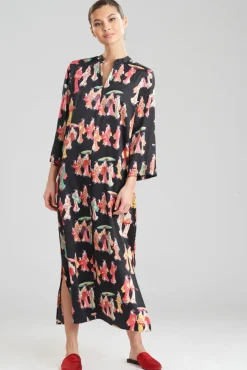 Geisha-Printed Satin Zip Caftan