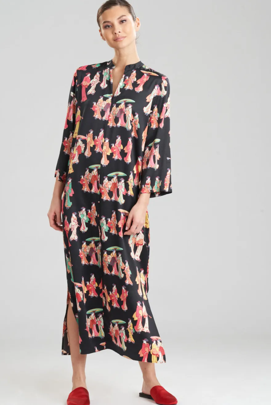 Geisha-Printed Satin Zip Caftan