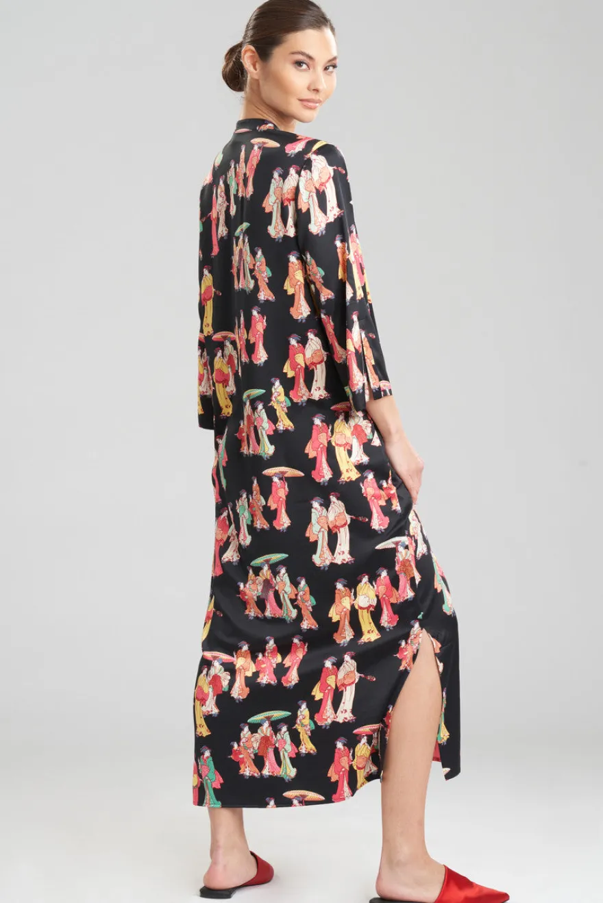 Geisha-Printed Satin Zip Caftan